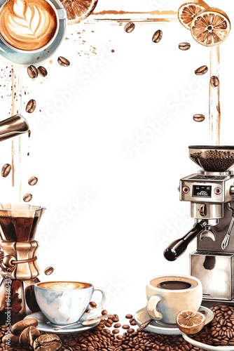 Watercolor Coffee Border with Cups, Beans, and Espresso Machines photo