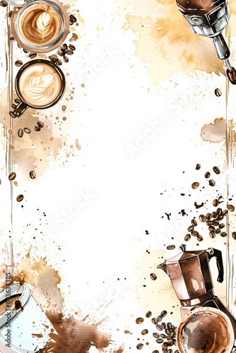 Watercolor Coffee Border with Cups, Beans, and Espresso Machines photo