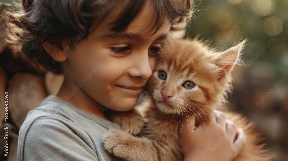 Little child and baby cat
