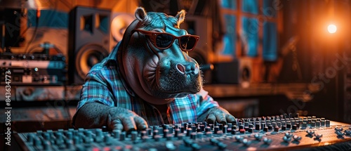 Hippopotamus wearing plaid shirt and sunglasses at mixing desk photo