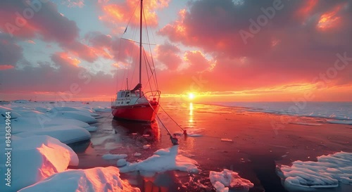 Sailing on Frozen Ocean Boat on Sunset Frozen Lake	
 photo
