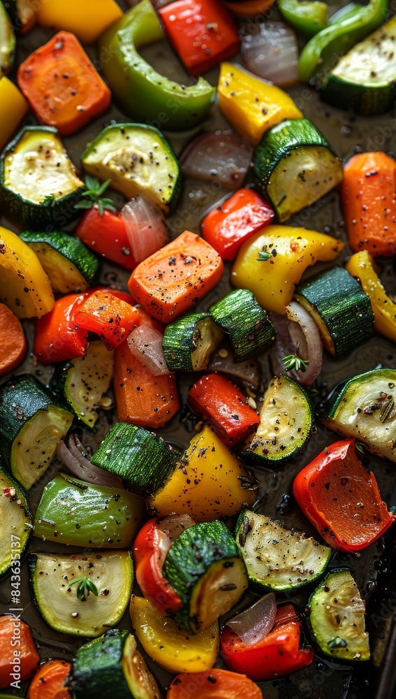 Roasted Vegetable Medley with Carrots, Zucchini, and Bell Peppers on Baking Sheet for Low-Fat Healthy Eating Roasted Vegetable Medley with Carrots, Zucchini, and Bell Peppers on Baking Sheet for Low-Fat Healthy Eating
