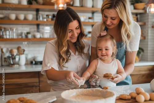 Two women and a child participate in a joyful baking session, sharing moments of fun and flour in a cozy kitchen. Ideal for celebrating nontraditional families and happy home activities.