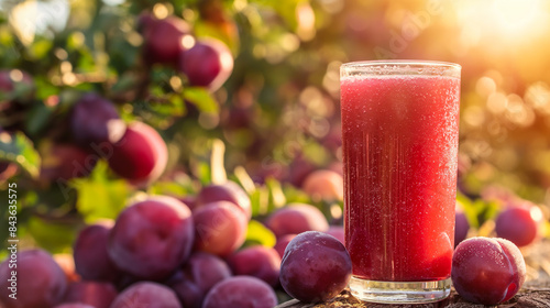 Wallpaper Mural Close-up of a glass of fresh plum juice, plum orchard in the background with ripe plums on the trees, warm and vibrant  Torontodigital.ca