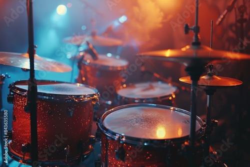 Detailed view of a drum set bathed in atmospheric stage lighting, emphasizing rhythm and music photo