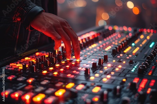 A DJ's hand is shown artistically adjusting sliders on a sound mixer, evoking a sense of live music and performance photo
