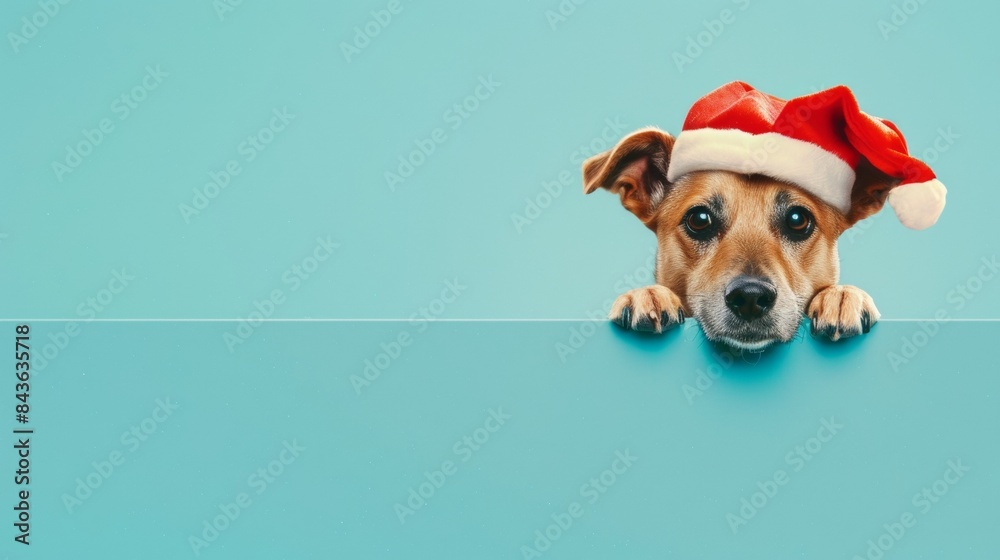 Cute dog with red christmas cap peeping with plain background. Cute dog with red christmas cap peeping with plain background.