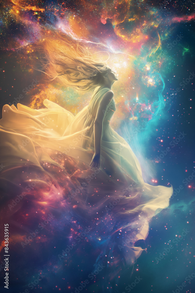 Obraz premium A woman shrouded in a flowing dress floats in a colorful cosmic galaxy with radiant, ethereal light. Ideal for fantasy art or celestial-themed designs.