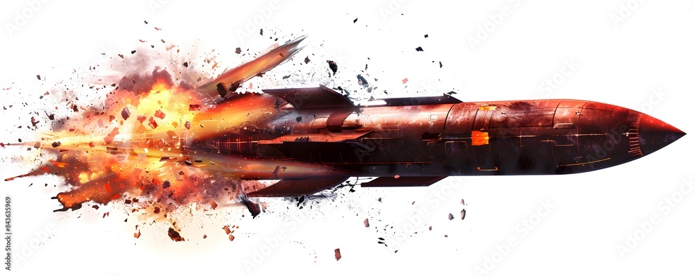 side view of an exploding rocket, white background, png transparent ...