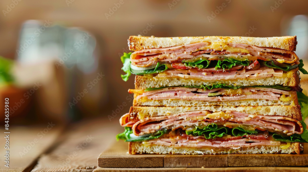 A sandwich with ham and lettuce is stacked on top of another sandwich A sandwich with ham and lettuce is stacked on top of another sandwich