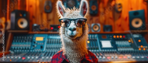 Llama wearing sunglasses and plaid shirt at recording studio photo