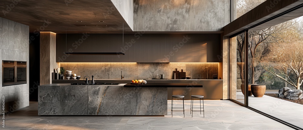 Minimalist kitchen with sharpedged furniture and highend appliances Minimalist kitchen with sharpedged furniture and highend appliances