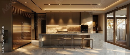 Minimalist kitchen with sharpedged furniture and highend appliances photo