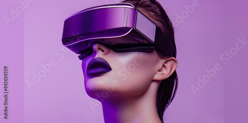 Portrait of young woman is putting on VR glasses, close up photo. technology, unreal world, surreal, metallic purple color tier, copy space. © Deris Firmansyah