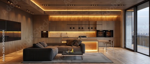 Minimalist kitchen with sharpedged furniture and highend appliances photo