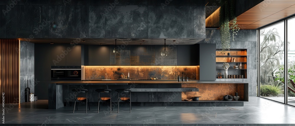 Minimalist kitchen with sharpedged furniture and highend appliances Minimalist kitchen with sharpedged furniture and highend appliances
