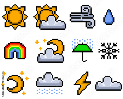 A set of weather icons in pixel art. Clouds, sun, overcast, lightning. vector illustration