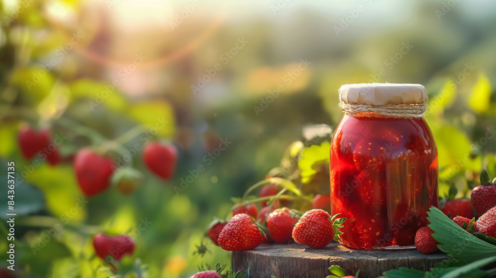 Close-up of a jar of fresh strawberry jam, vibrant red color, surrounded by ripe strawberries on a plantation, bright and sunny day, empty space for text 