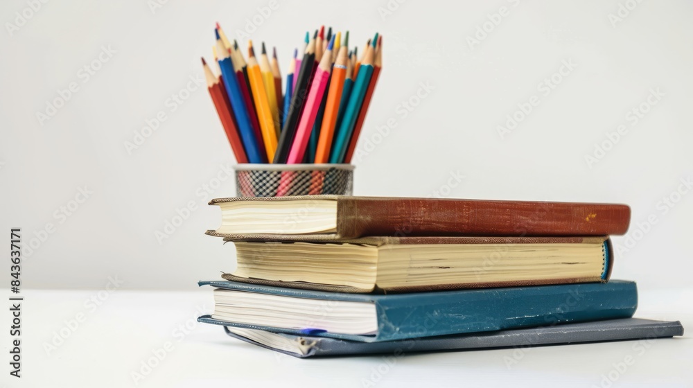 simple textbooks on the table and pencils with white background simple textbooks on the table and pencils with white background