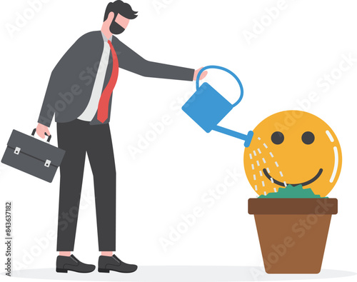 businessman watering smile plants illustration, control emotions to get high performance at work, Understanding your emotions mood swings, emotional intellect, learn to control your feeling or emotion