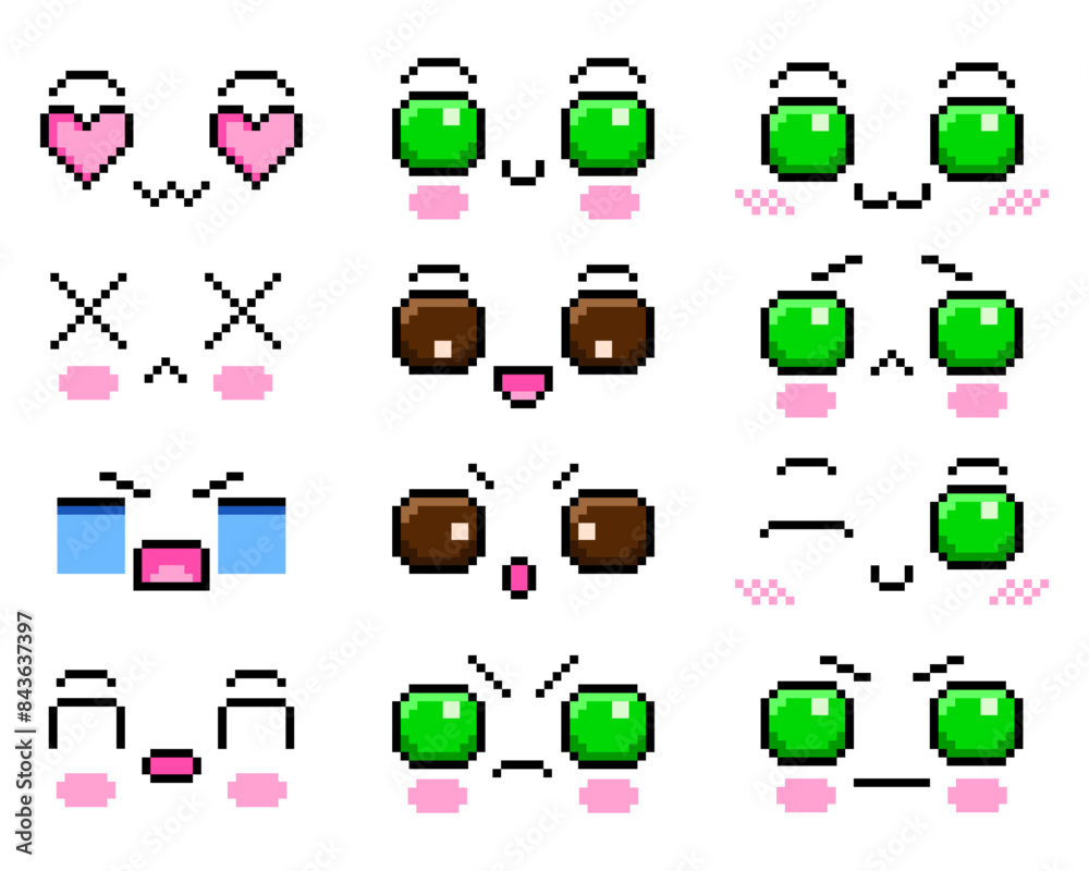 Set of cute faces. Kawaii emotions pixel art. Game development, mobile application. Vector illustration Set of cute faces. Kawaii emotions pixel art. Game development, mobile application. Vector illustration