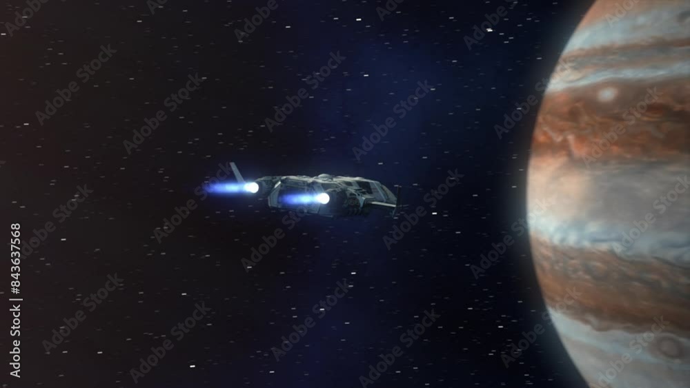Futuristic spaceship approaching the planet Jupiter.