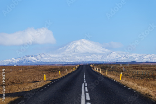 Road in Iceland and Snowy Hekla Volcano  © EH