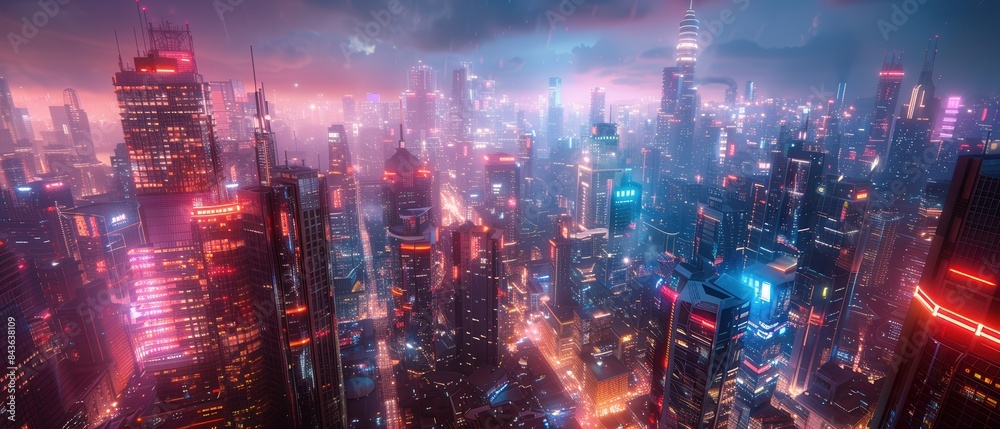 Night shot of a futuristic city with illuminated buildings and sharp architectural features Night shot of a futuristic city with illuminated buildings and sharp architectural features
