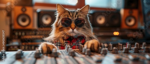Norwegian Forest Cat in plaid shirt and sunglasses at recording studio console photo