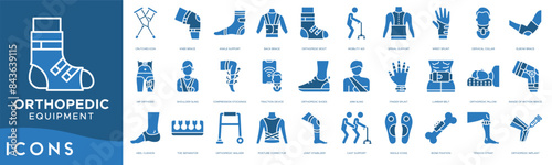 Orthopedic Equipment icon set. Crutches, Knee Brace, Ankle Support, Back Brace, Orthopedic Boot, Mobility Aid, Spinal Support, Wrist Splint, Cervical Collar, Elbow Brace