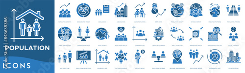 Population icon set. Population Growth, Demographic Trends, Census Data, Urbanization, Aging Population, Birth Rate, Density, Ethnic Diversity, Migration Patterns, Population Pyramid