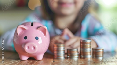 Happy little child holding a pink piggy bank