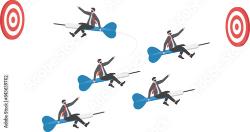 Change career path or difference direction with businessman riding the dart changed its flight direction towards business goals, change business strategy, leadership to choose a path to success

