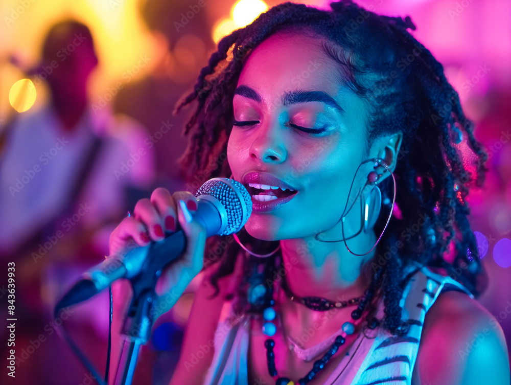 A woman singing into a microphone with a microphone in front of her A woman singing into a microphone with a microphone in front of her