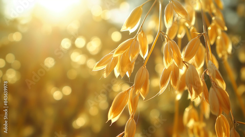 Close-up of oats ready for harvest  golden stalks with detailed grains  bright sunlight  symbol of abundance 