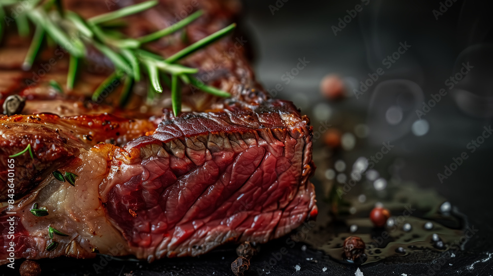 A juicy medium beef steak slice is on a plate with rosemary and herbs. A juicy medium beef steak slice is on a plate with rosemary and herbs.