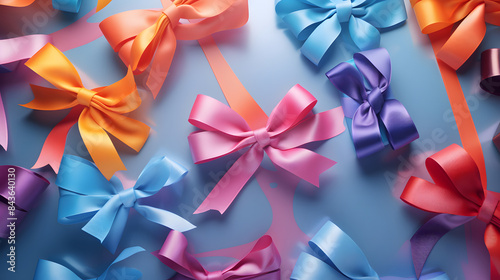 A colorful array of gift bows arranged on a table, representing celebration and gift-giving.