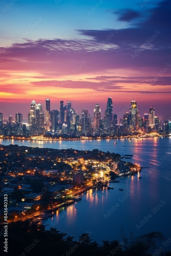 Fototapeta premium cityscape river view at twilight time Blurred Photo bokeh