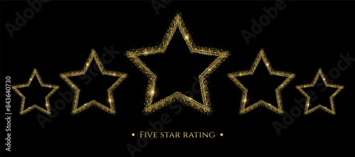 Five gold stars rating with glitter. Vector illustration frame star on black background. 5 stars quality icon service for restaurant, hotel, casino, award