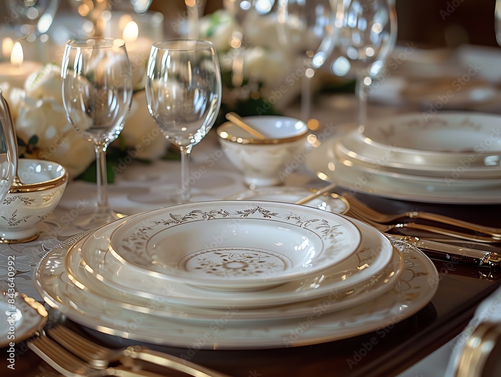 Elegant dining table arrangement with fine china, wine glasses, and silverware, perfect for a formal dinner or special occasion. Elegant dining table arrangement with fine china, wine glasses, and silverware, perfect for a formal dinner or special occasion.