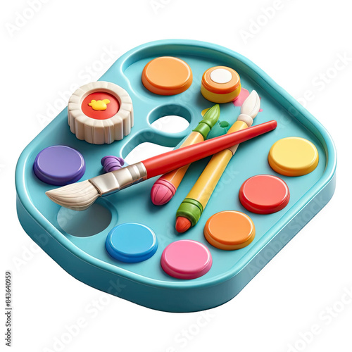 Colorful paint palette and brushes on a tray, ideal for creative projects and artistic endeavors. Isolated on transparent or white background.