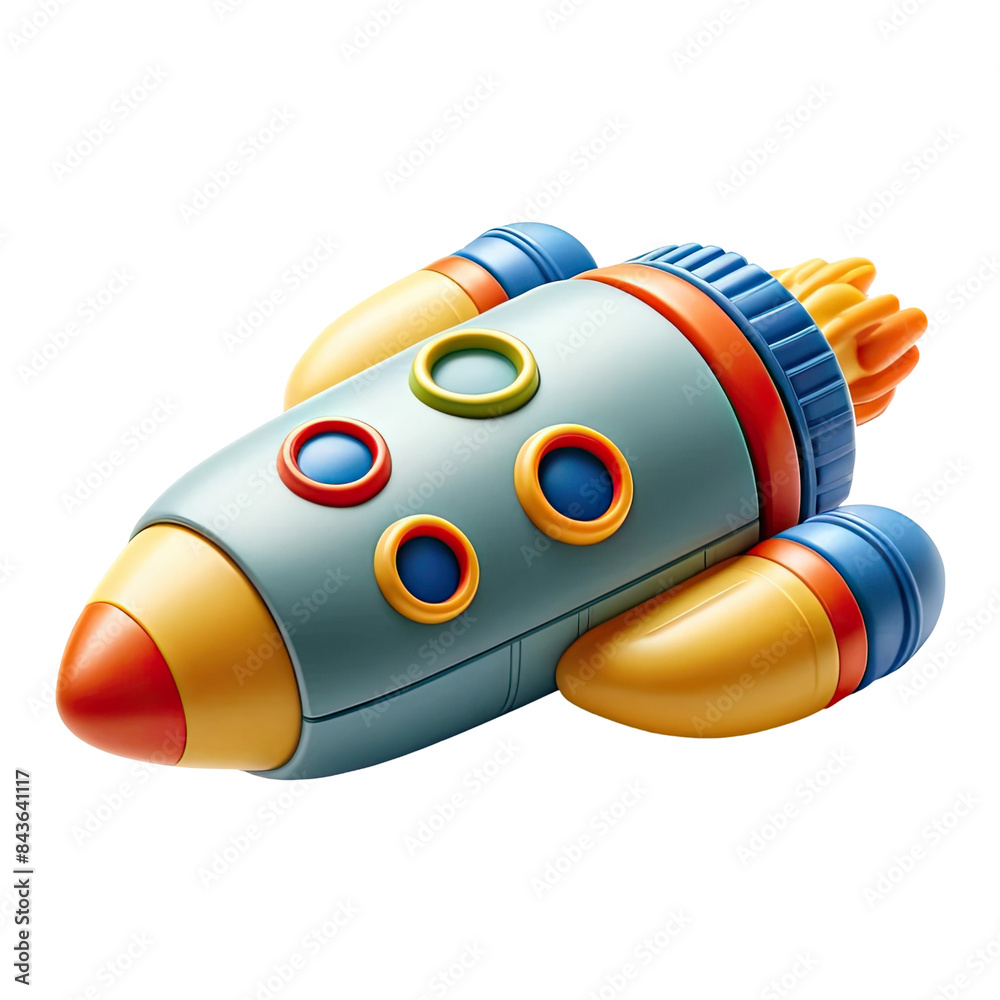 Colorful cartoon-style toy rocket, isolated on a transparent or white background.