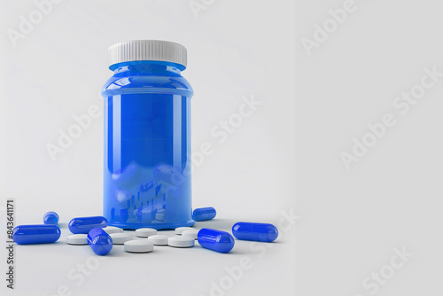 Painkiller blue pills bottle surrouded with pills isolated on whte backgroud with copyspace photo