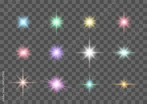 Lights set. Vector glowing light effect collection. Shine, sparks, flare, flash. Stars in space. Rainbow lights, sparks. Shine ray with lightning. Abstract special effect element design.