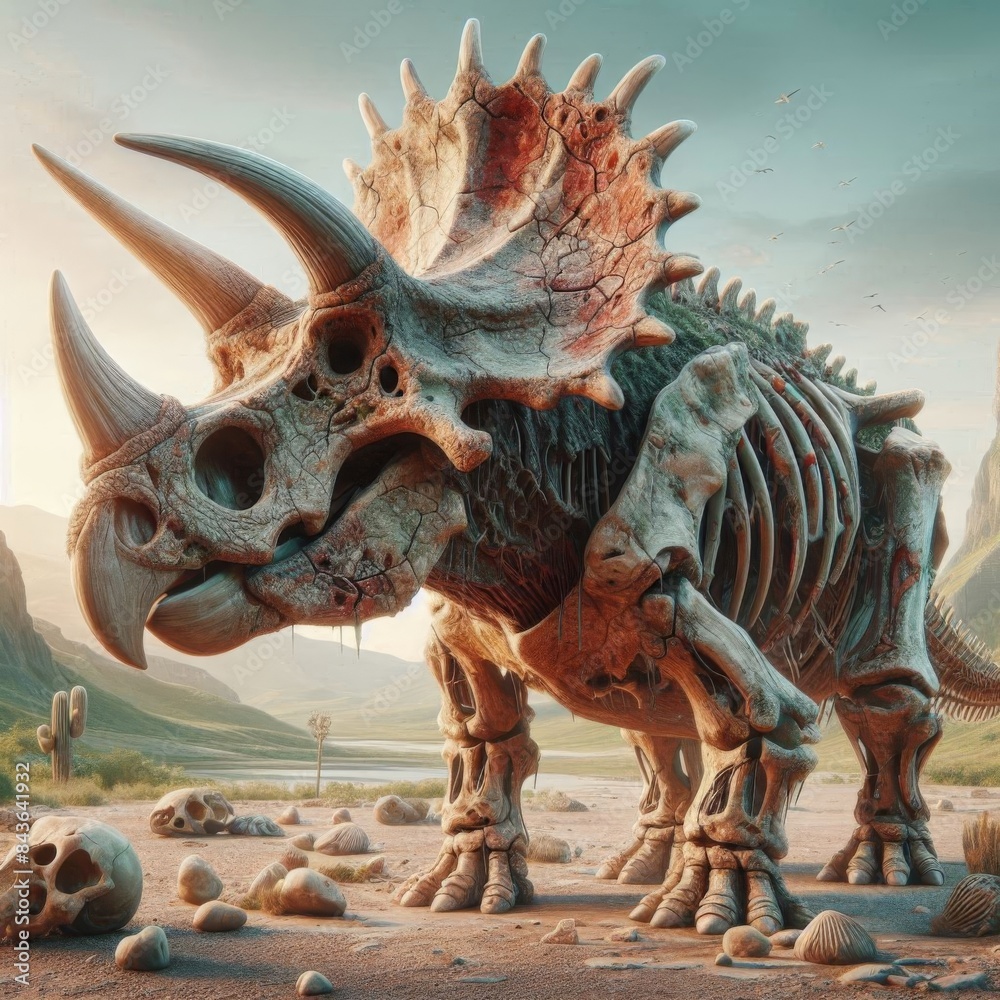 Highly detailed 4K illustration of Triceratops paleopathology