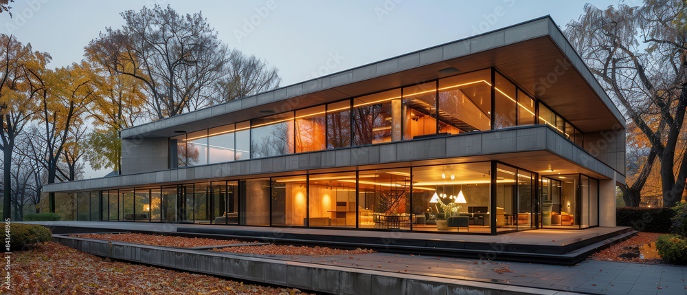 Sharpedged, minimalist building with large glass windows and a concrete exterior Sharpedged, minimalist building with large glass windows and a concrete exterior