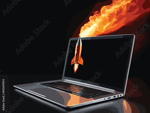 Boosting Performance Laptop Screen Launching Space Rocket Speed Up and Repair Concept