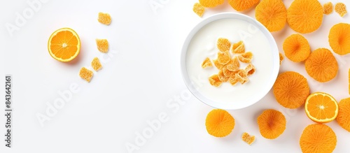 A fresh and healthy breakfast design concept is depicted in a flat lay overhead layout that shows a top view of a bowl of corn flakes with milk and orange on a white background providing ample copy s