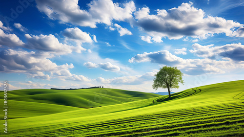 Fototapeta Naklejka Na Ścianę i Meble -  Beautiful green meadows summer landscape cloudy sky natural environment