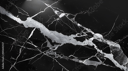 **Black marble with striking white veins on a solid light grey background photo